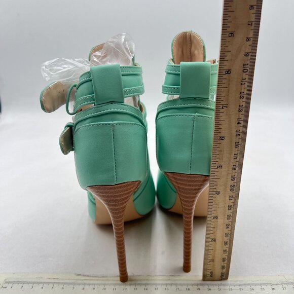 XYD Aquamarine Peep Toe Sandal Dual Buckled Straps Stiletto Heels Ankle Booties - Picture 5 of 8